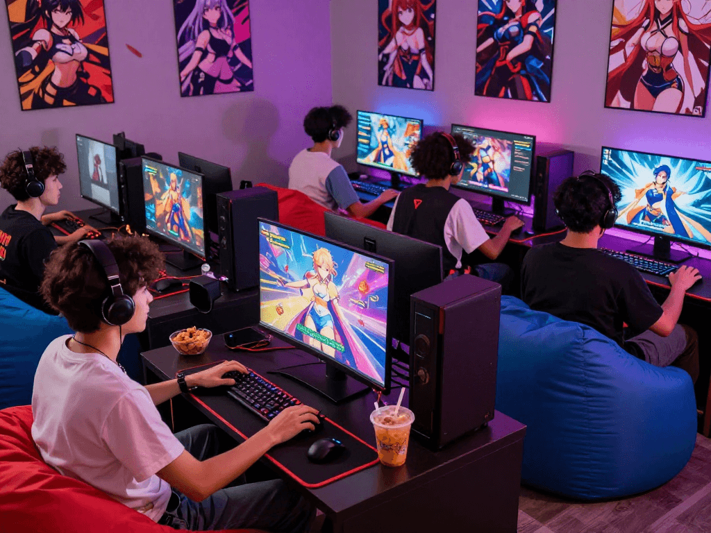 Engaged players enjoying hentai games in a vibrant gaming lounge setting.