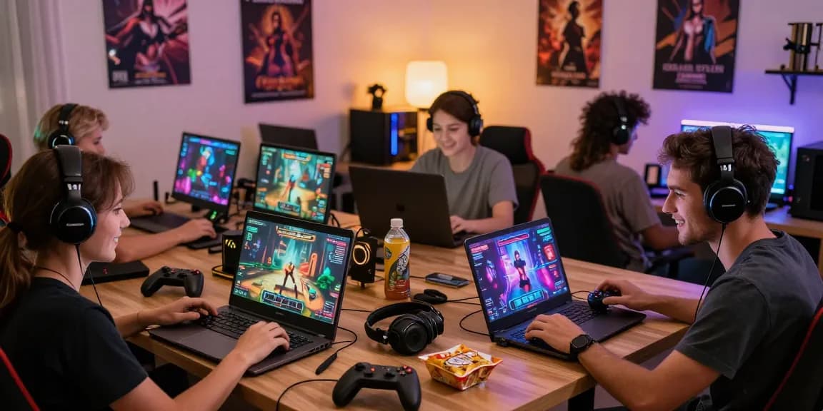 Group enjoying free porngames on laptops and smartphones in a cozy gaming room