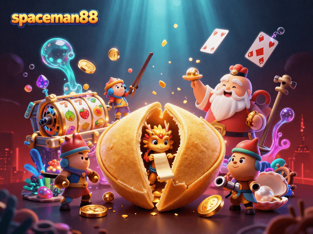 Engage with spaceman88, featuring a vibrant fortune cookie scene packed with slots and gold treasures.