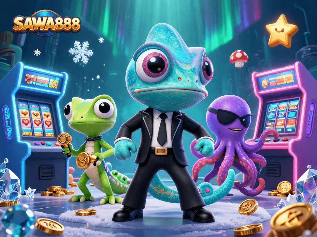 Spin the reels with SAWA888, where colorful 3D characters engage in a thrilling casino adventure.