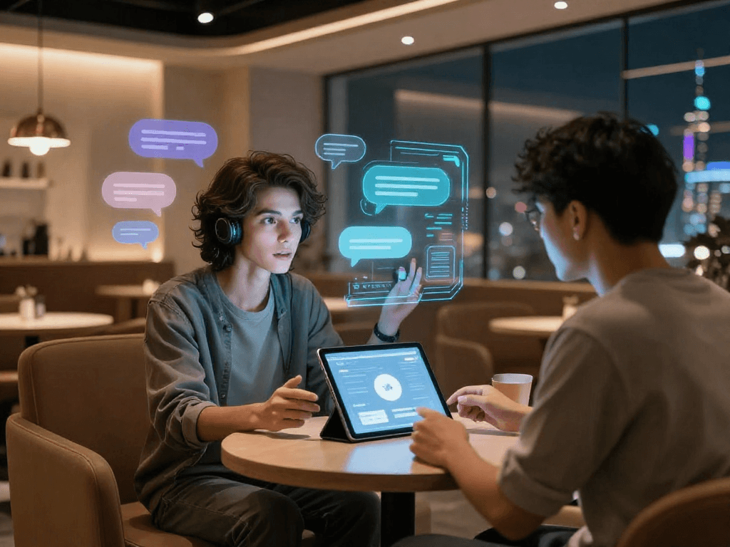 AI porn chat interaction in a modern digital lounge, showcasing an engaging virtual conversation.