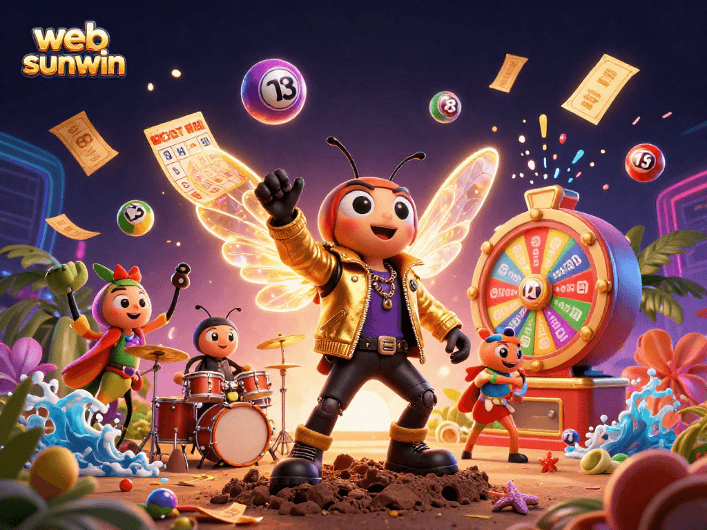 Experience thrilling gameplay with web sunwin's vibrant illustration featuring a rock star cicada and dynamic luck elements.