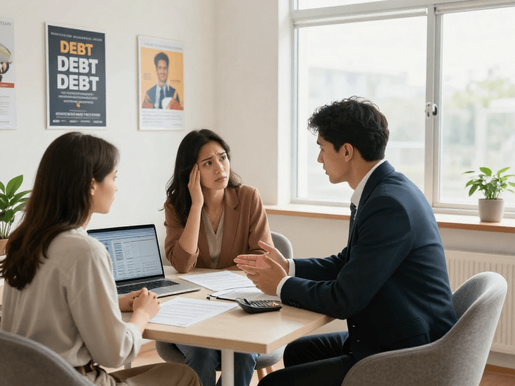 Financial advisor guiding a couple on debt management in a supportive office.