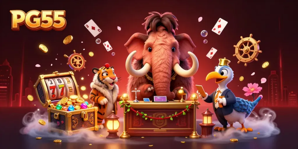 PG55 brings excitement with a cartoon elephant bouncer welcoming a saber-tooth tiger to a vibrant casino scene.