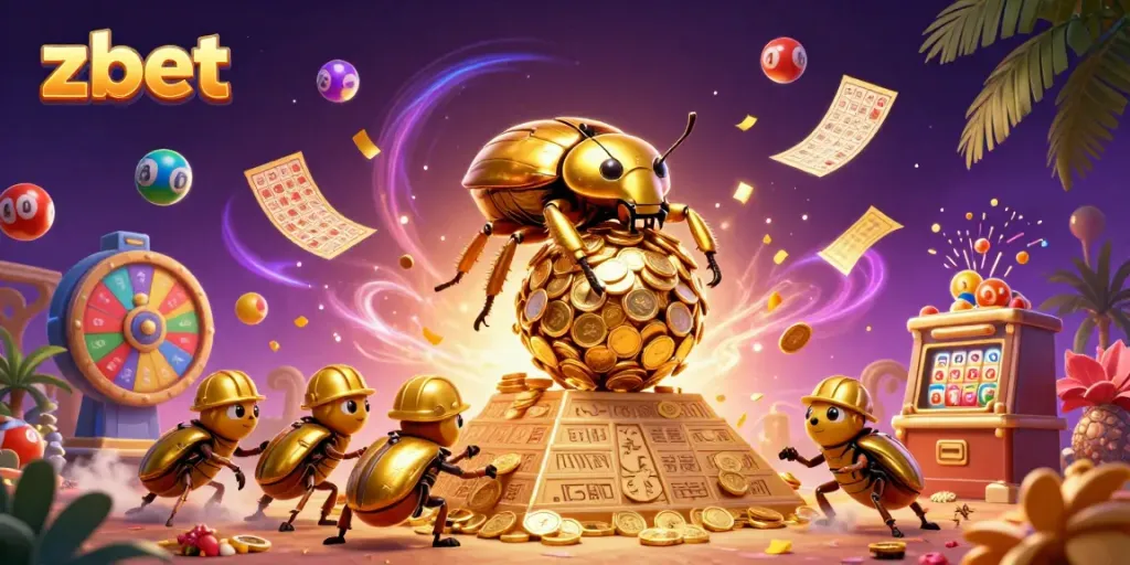 Experience thrilling gaming action with ZBET as golden coins and lottery balls surround playful cartoon beetles.