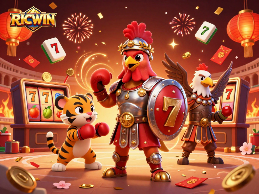 Engage in thrilling gameplay with RICWIN showcasing a gladiator rooster and dynamic slot elements.