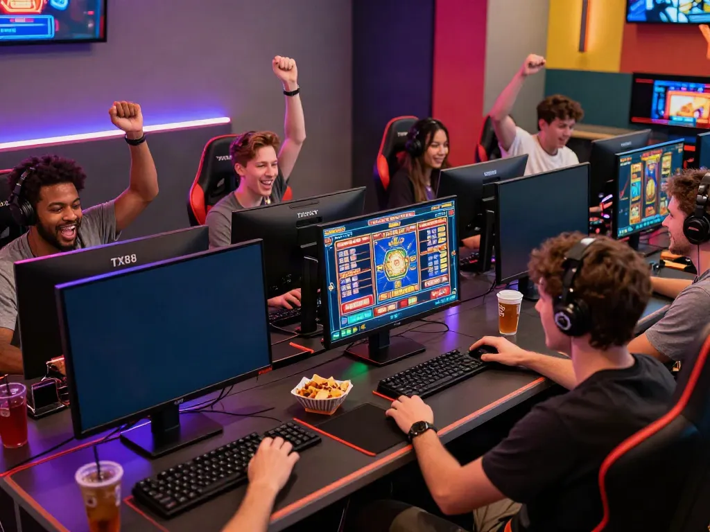 Engaged players enjoying the TX88 online gaming platform with vibrant screens and modern setup.
