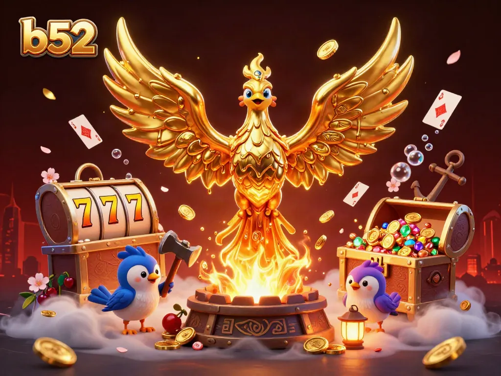 Experience winning moments with b52, where a phoenix emerges over dynamic slots and vibrant treasures.