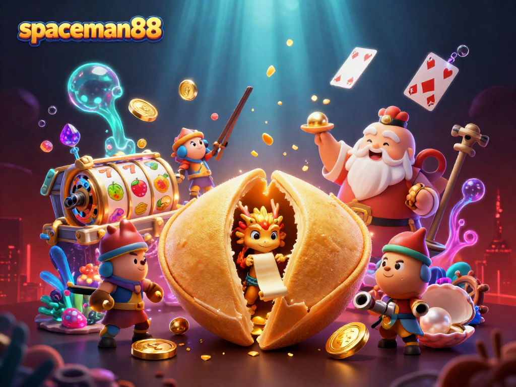 Engage with spaceman88, featuring a vibrant fortune cookie scene packed with slots and gold treasures.