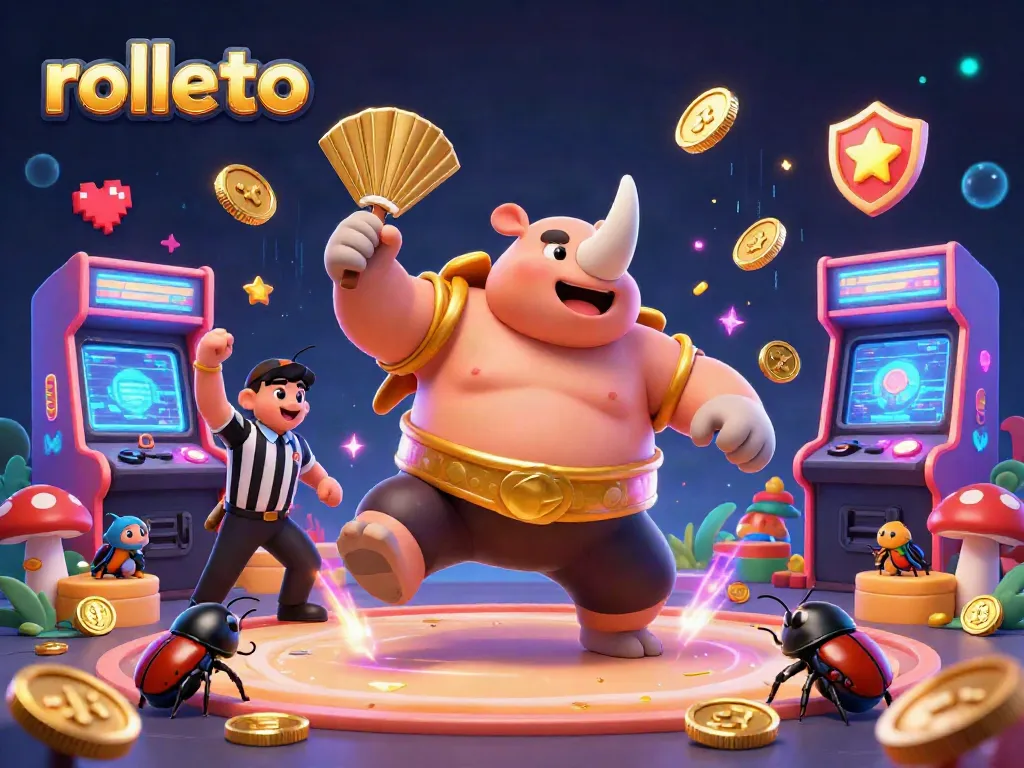 Engage with rolletto's thrilling gambling atmosphere where a sumo champion beetle celebrates winning while coins fly.