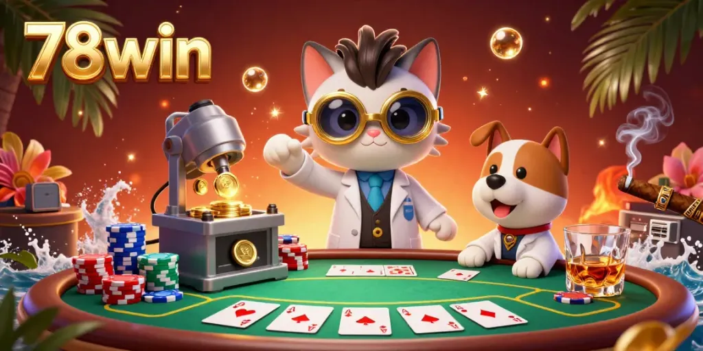 Experience the vibrant world of 78win with this lively 3D illustration showcasing a mad scientist cat and lab assistant crafting wealth amidst a poker extravaganza.