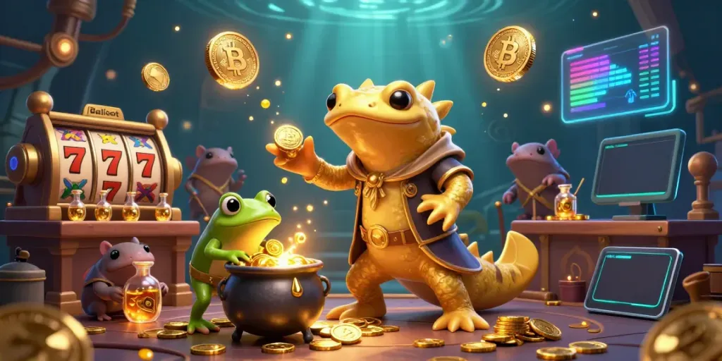 Balislot offers thrilling slot experiences with vibrant golden alchemists and crypto elements in a dynamic scene.