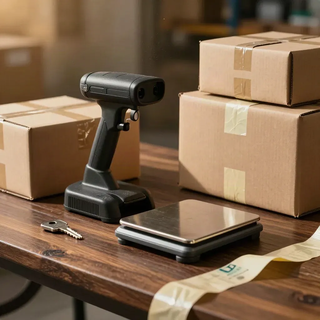 Scanner cradle, parcel scale and taped cartons on dark wood with warm warehouse dust and bokeh