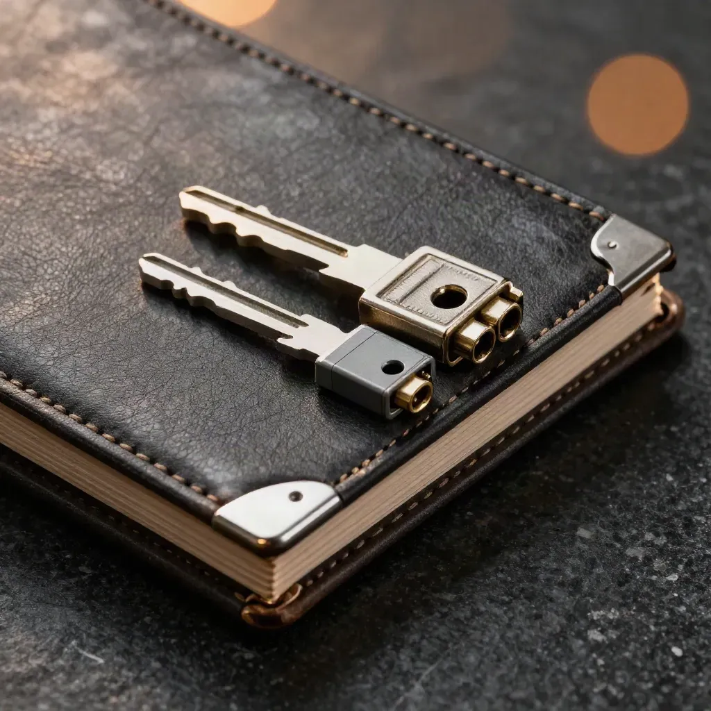 Closed folio, metal key and stacked connector blocks on black stone under warm macro light.