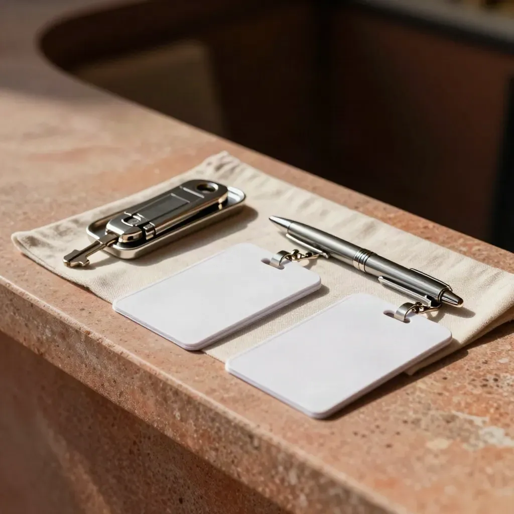 Face-down visitor badges, a key-fob tray, and a brushed pen on pale linen in warm light.