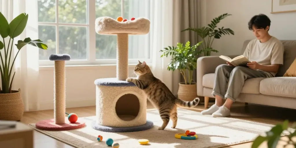 Cat cat tree in a warm living room with a playful cat and vibrant decor.