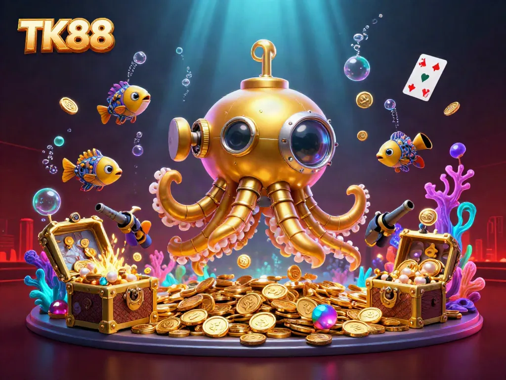 Engage in the thrilling world of TK88 with a dynamic underwater casino illustration featuring a golden kraken submarine, mechanical fish, and treasure elements.