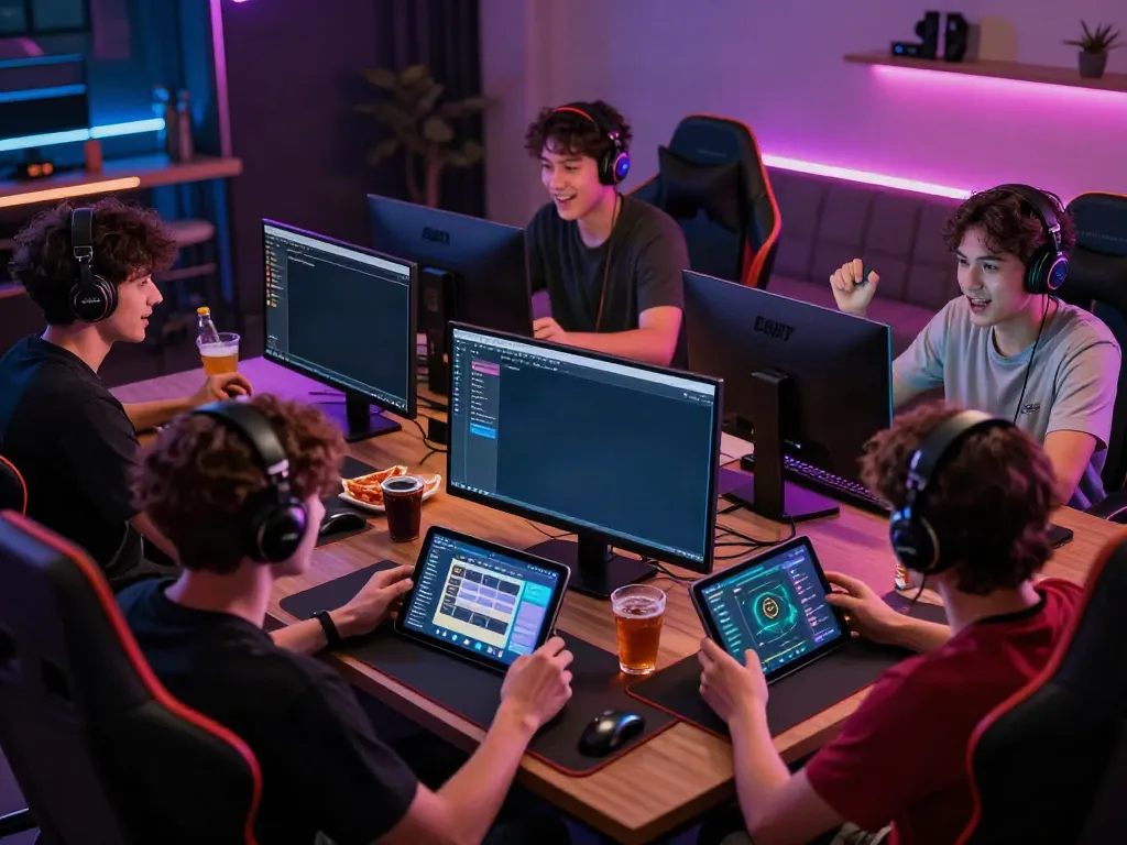 Friends enjoying a DEBET gaming session with interactive devices.