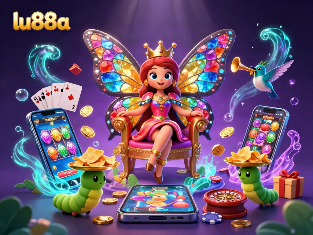 Experience gaming with lu88a as a butterfly queen presides over vibrant slots and casino elements.