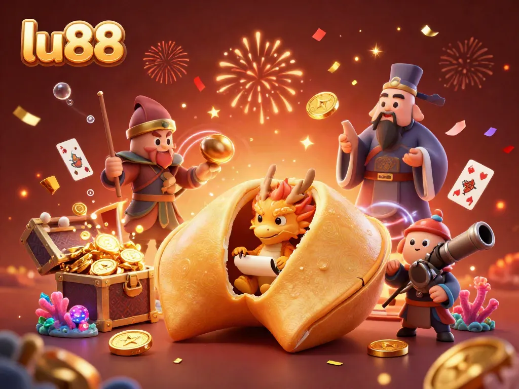 Experience thrilling jackpots at lu88 with a magical 3D casino illustration showcasing a golden fortune cookie and aquatic treasures.
