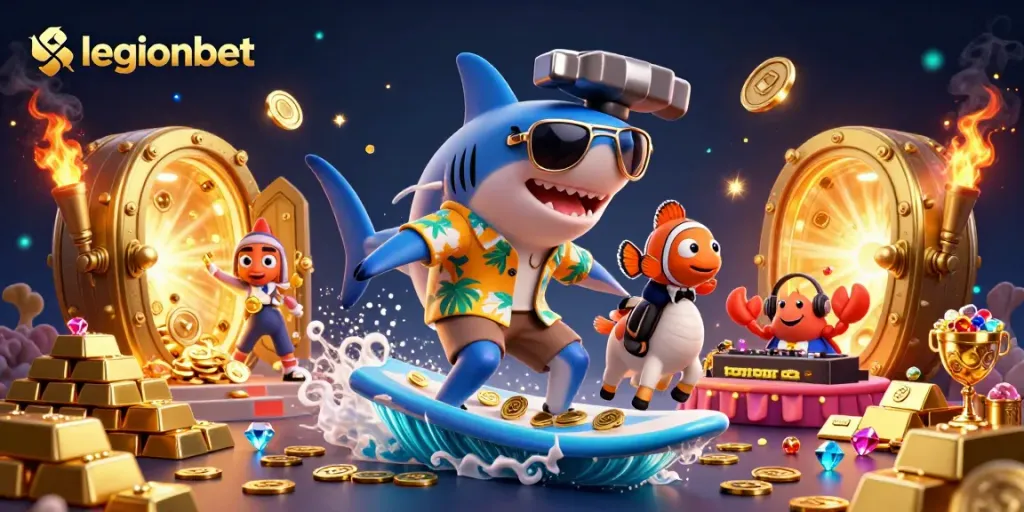 Experience vibrant wins with legionbet's exciting games featuring a shark, clownfish, and crab DJ.