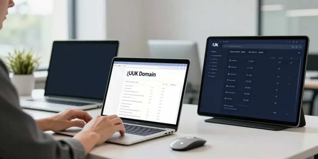 Registration process for .uk domain registration in a vibrant office setting.