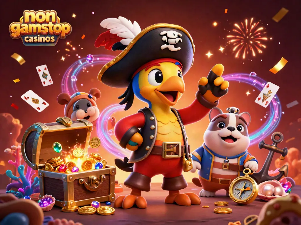 Discover the vibrant world of non gamstop casinos with adventurous 3D characters amidst treasure.