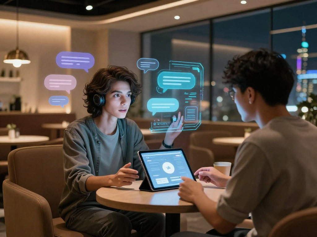 AI porn chat interaction in a modern digital lounge, showcasing an engaging virtual conversation.