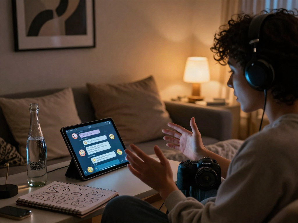 Engaging ai porn chat scene with cozy atmosphere, vibrant AI chat interface on screen.