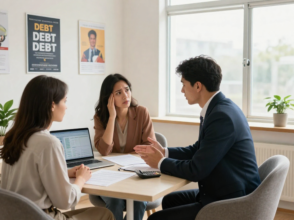 Financial advisor guiding a couple on debt management in a supportive office.