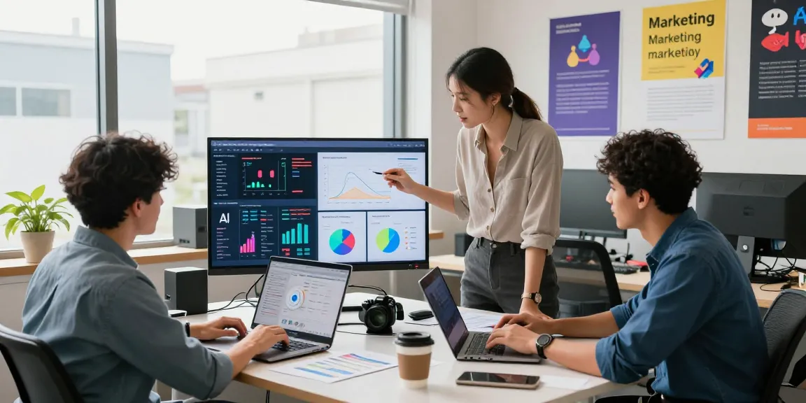 Team collaborating on AI marketing tools strategy in a bright office environment.