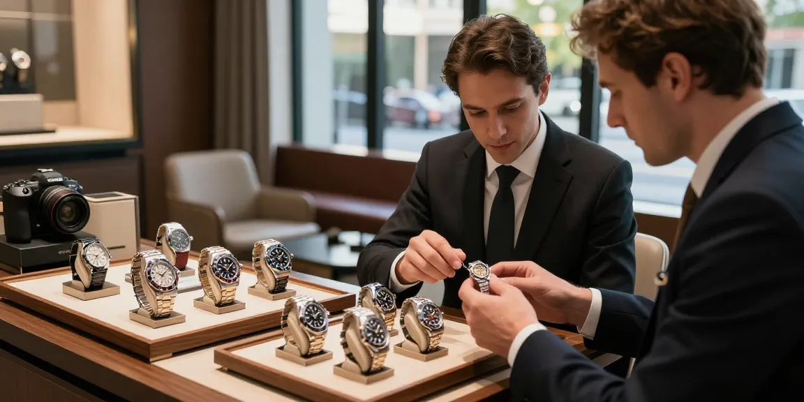 Clone watches displayed in luxury setting, with detailed features and elegant showroom ambiance