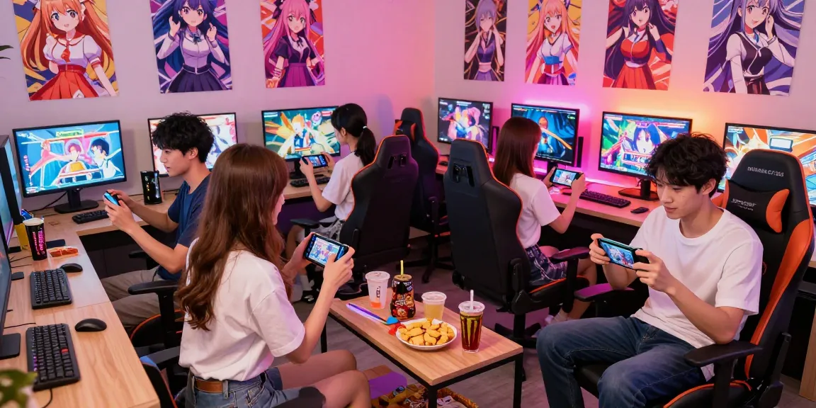 Friends enjoying ecchi games in a vibrant gaming lounge atmosphere.