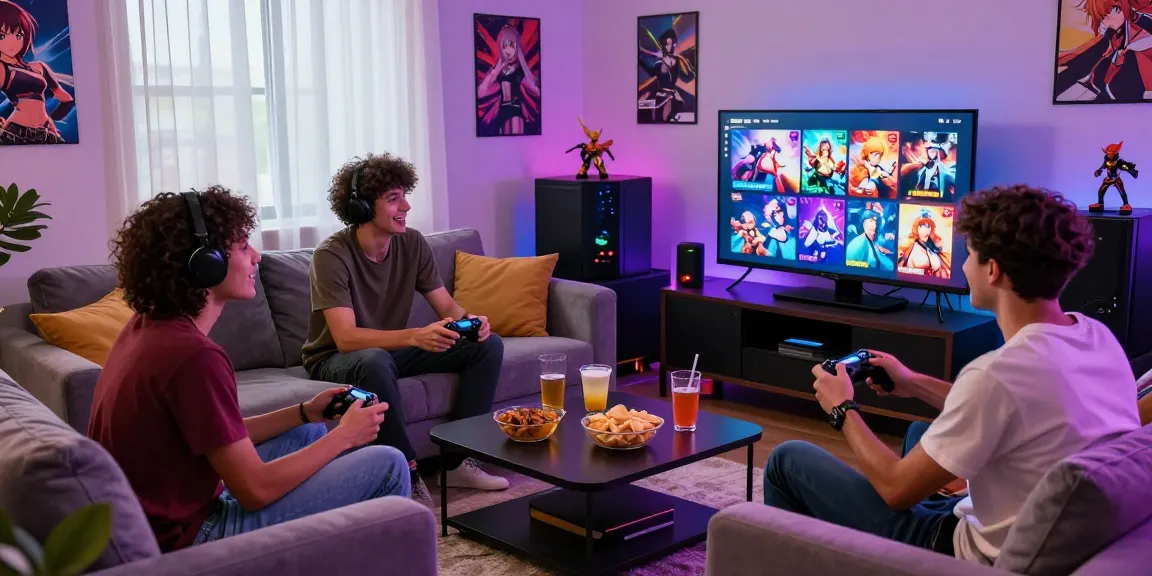 Group enjoying a hentai game in a cozy living room with snacks and colorful lighting.