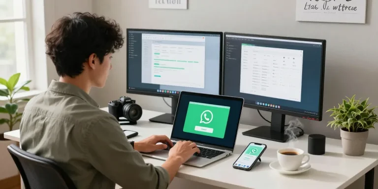 WhatsApp下載 process in a cozy home office environment with a professional downloading the app on a laptop.