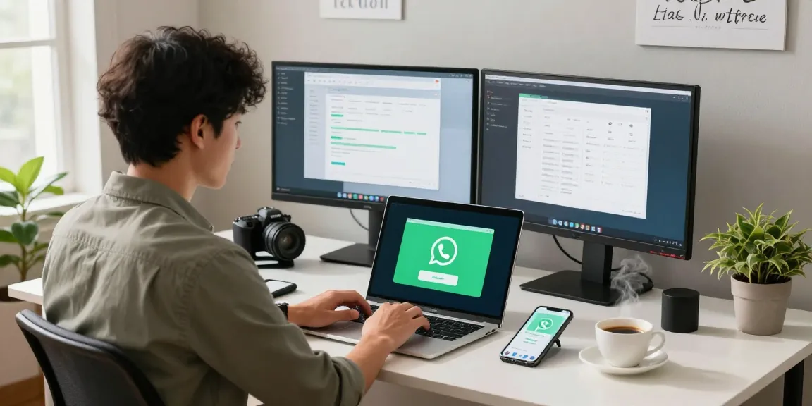 WhatsApp下載 process in a cozy home office environment with a professional downloading the app on a laptop.