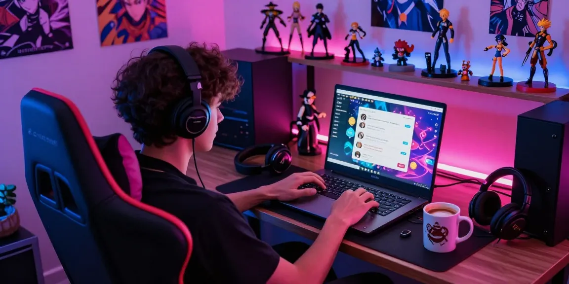 Engaging in NSFW AI chat on a laptop with vibrant lighting and collectibles in the background.