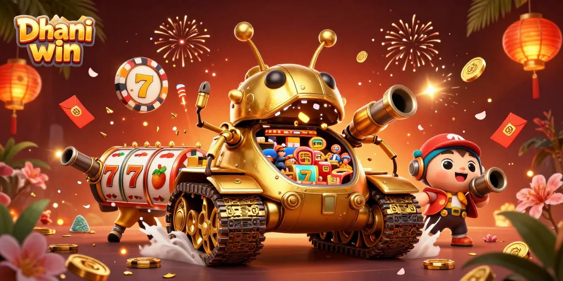 Dhani win captivates with a 3D illustration of a golden beetle casino tank surrounded by exciting gaming elements.