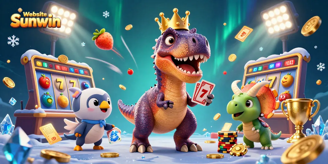 Spin and win at Website Sunwin with a whimsical T-Rex, pterodactyl and triceratops in a colorful casino scene.