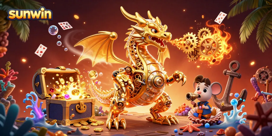 Experience thrilling gaming action at sunwin with the golden dragon breathing gears amidst treasure and casino elements.